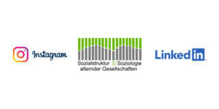 Das Lehrstuhl-Logo befindet sich in der Mitte zwischen dem Instagram-Logo auf der linken Seite und dem Linkedin-Logo auf der rechten Seite.