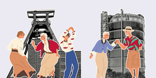 Zeichnung von älteren Menschen vor Gebäuden im Ruhrgebiet