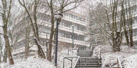 A snow-covered staircase leading to the EF50 building of TU Dortmund.