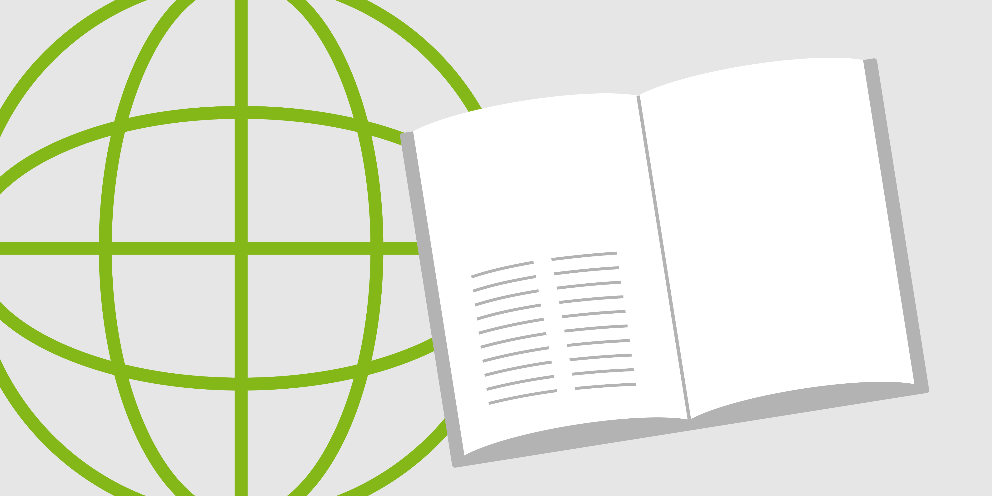 Icon einer angedeuteten Weltkugel mit offenem Buch