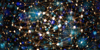 Network white and light blue points on a black background that form a network