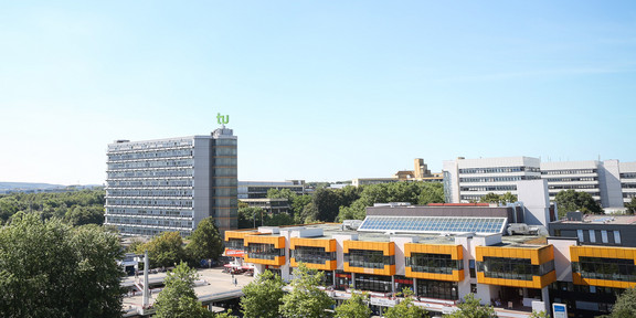 Panoramic view of the North Campus with the math tower and the cafeteria.