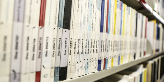 Books with the inscription dissertation on a bookshelf in the library.